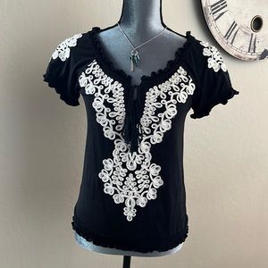 Black & white drawstring neckline, embroidered front & sleeves